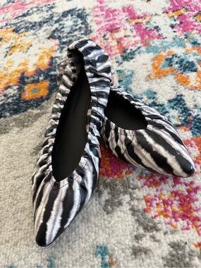Sigerson Morrison Lahela Black White Zebra Luxury Pointed Ballet Flats Ruched